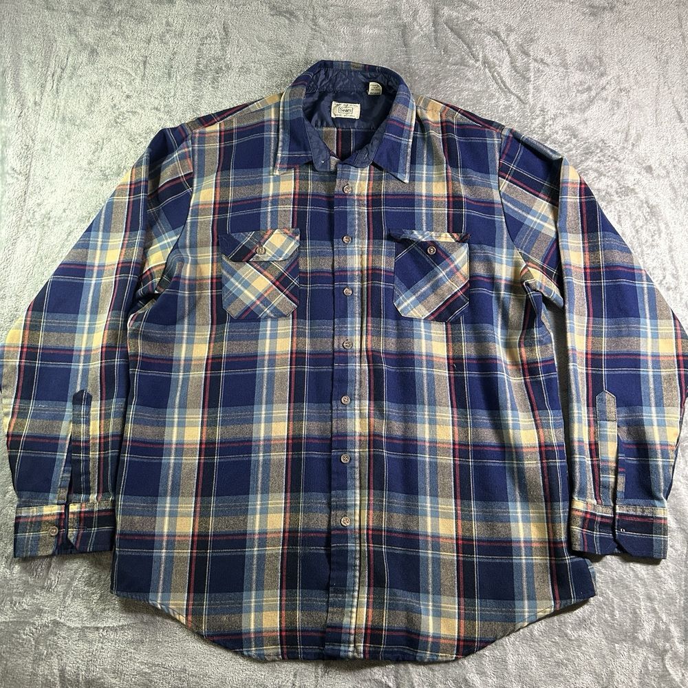 Vintage Sears Shirt Mens XL Tall‎ Blue Beige Plaid 80s Skater Grunge